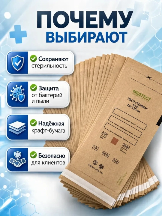 Крафт-упаковка с индикатором стерилизации, для металлических инструментов