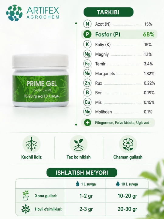 Artifex Agrochem Prime gel gul uchun o'g'iti, 100 g