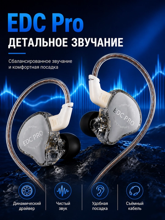 KZ EDC PRO HiFi проводные наушники с басом, съемный кабель, 3.5 мм
