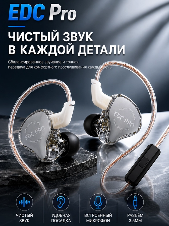 KZ EDC PRO HiFi simli quloqchin, kuchli bas, ajraluvchi kabel, 3.5 mm - 