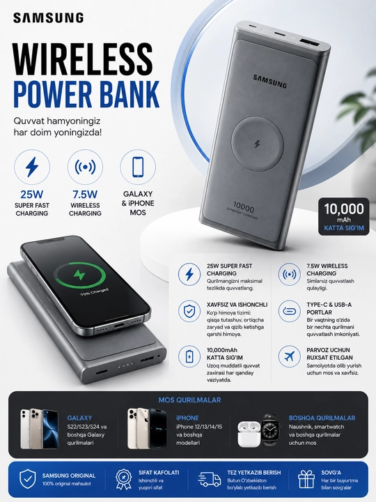 Samsung 10000mAh Simsiz Power Bank, 25W Super Fast Charging