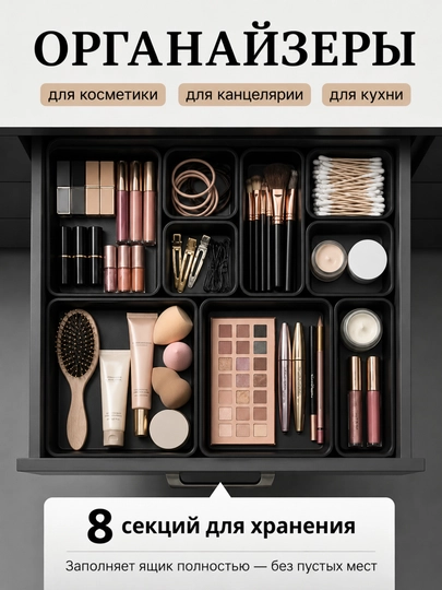 Органайзер в ящик стола, для косметики, канцелярии, украшений, мелочей, столовых приборов - 