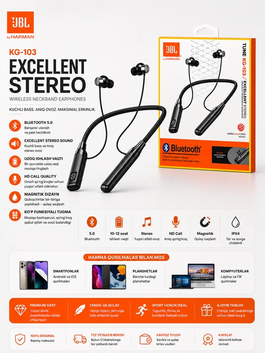 JBL Tune KG-103 беспроводные Bluetooth наушники Neckband с LED дисплеем