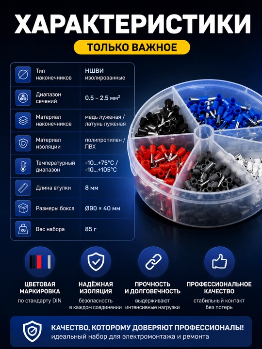 NShVI uchiqlar to'plami 0.5-2.5 mm² 400 dona plastik boksa-organayzerda