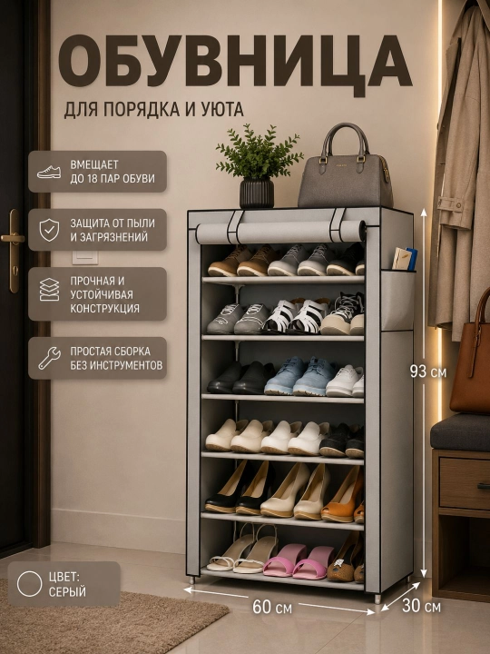 Открытый стеллаж для одежды и обуви — вешалка с крючками и полками - 