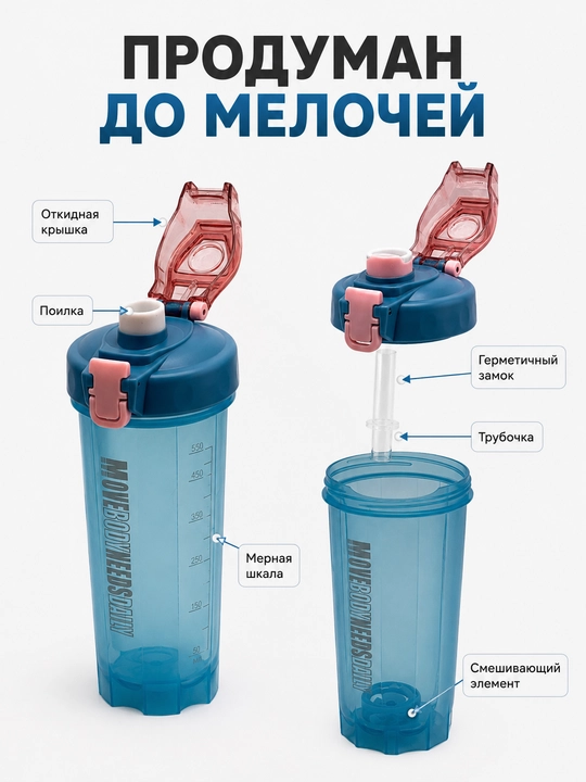 Protein va kokteyllar uchun sheyker, 550 ml, suv uchun sport , naychasi va dastasi bilan