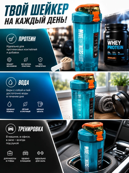 Protein va kokteyllar uchun sheyker, 550 ml, suv uchun sport , naychasi va dastasi bilan