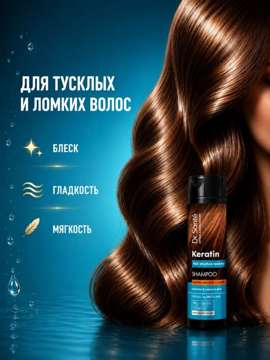 Dr.Sante Keratin shampuni, xira va mo‘rt sochlar uchun, keratin + kollagen + arganin
