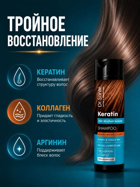 Dr.Sante Keratin shampuni, xira va mo‘rt sochlar uchun, keratin + kollagen + arganin