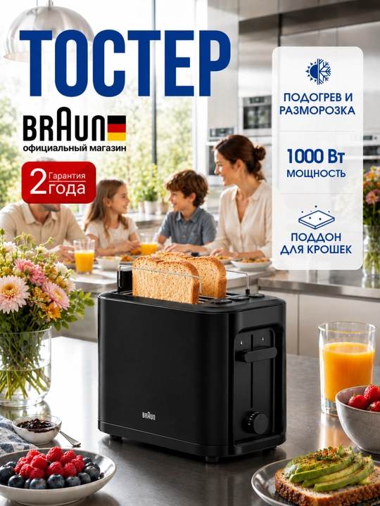 Braun HT3010BK PurEase toster, 1000 Vt, 2 bo‘lim, qizdirish va eritish funksiyasi - 