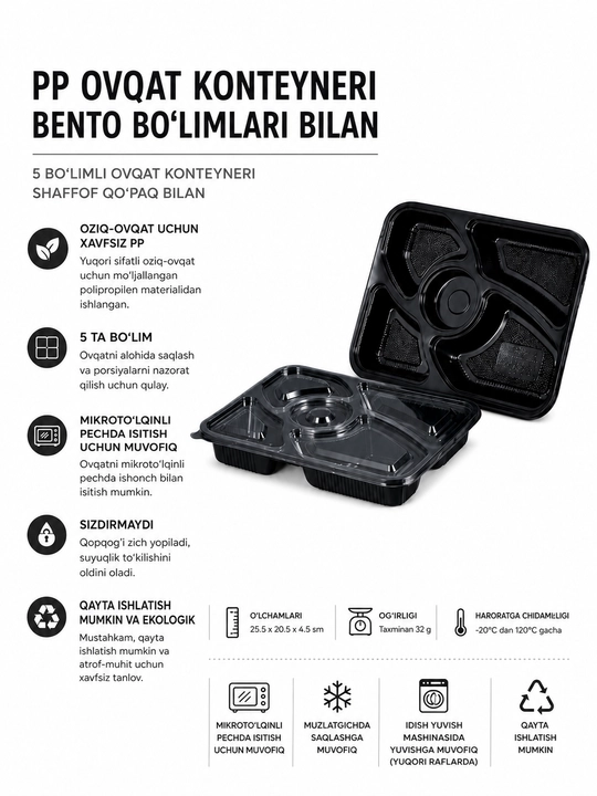 Bir martalik Bento konteyner, 5 bo‘limli oziq-ovqat qutisi