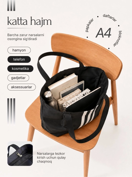 Ayollar katta shopper sumkasi, ish va o‘qish uchun, sportcha, A4