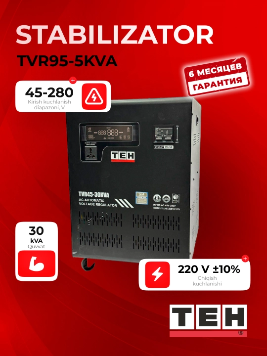 TEH TVR stabilizatori 45-30KVA, 30 kVA, kirish 45-280 V, chiqish 220 V ±10%