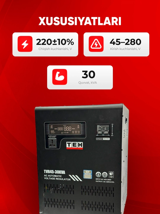 TEH TVR stabilizatori 45-30KVA, 30 kVA, kirish 45-280 V, chiqish 220 V ±10%