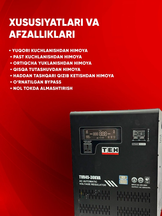 TEH TVR stabilizatori 45-30KVA, 30 kVA, kirish 45-280 V, chiqish 220 V ±10%