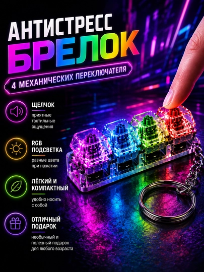 Антистресс брелок 4 механические клавиши, fidget clicker keychain, мини клавиатура - 