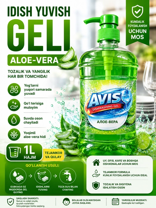 Suyuq idish yuvish vositasi, oshxona geli, yog'ni ketkazuvchi gel - 