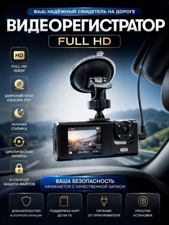 Видеорегистратор, 3 в 1: передняя, задняя и салонная камера, Full HD - 