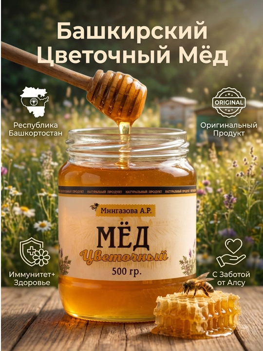 Башкирский Мёд Цветочный Натуральный 500 г Мингазова А.Р