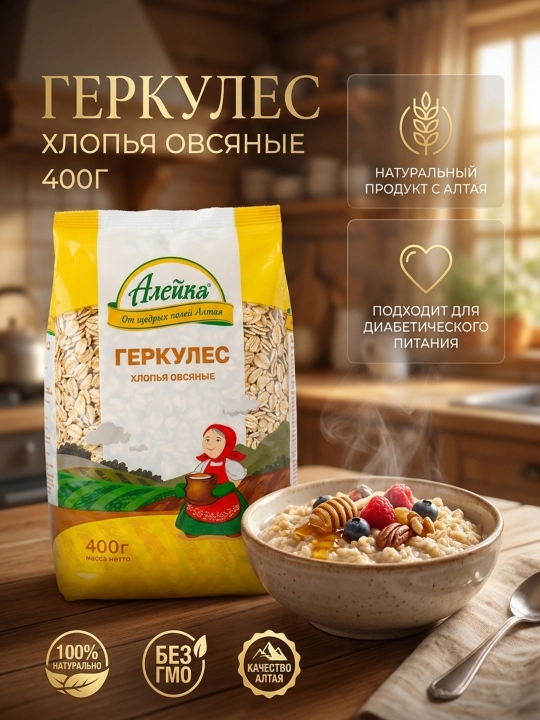 Aleika Gerkules suli yormasi 400 g, Oltoy yirik va tabiiy suli parchalari - 