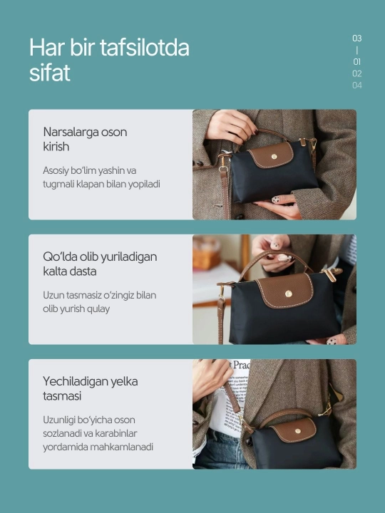 Ayollar uchun Longchamp uslubidagi eko-charmdan kichik kross-bodi sumkasi