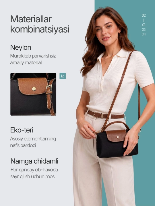 Ayollar uchun Longchamp uslubidagi eko-charmdan kichik kross-bodi sumkasi