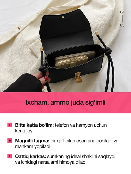 Ayollar uchun kichkina kross-bodi sumkasi, yelkaga osiladigan, eko-charmdan tayyorlangan