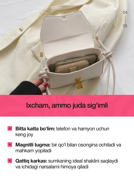 Ayollar uchun kichkina kross-bodi sumkasi, yelkaga osiladigan, eko-charmdan tayyorlangan