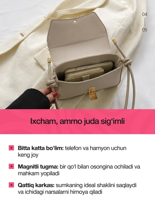 Ayollar uchun kichkina kross-bodi sumkasi, yelkaga osiladigan, eko-charmdan tayyorlangan