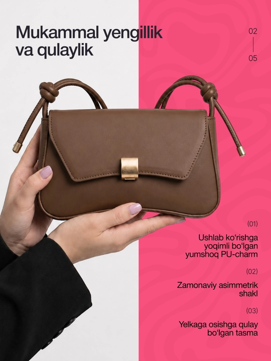Ayollar uchun kichkina kross-bodi sumkasi, yelkaga osiladigan, eko-charmdan tayyorlangan