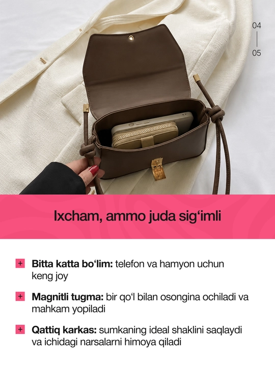 Ayollar uchun kichkina kross-bodi sumkasi, yelkaga osiladigan, eko-charmdan tayyorlangan