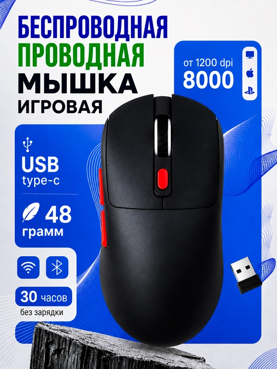 Беспроводная мышь PRO 8000 DPI Bluetooth + 2.4GHz + Type-C - 
