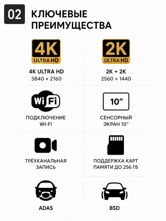 Видеорегистратор BOS-MINI X15Pro 4K с 3 камерами и экраном 10"