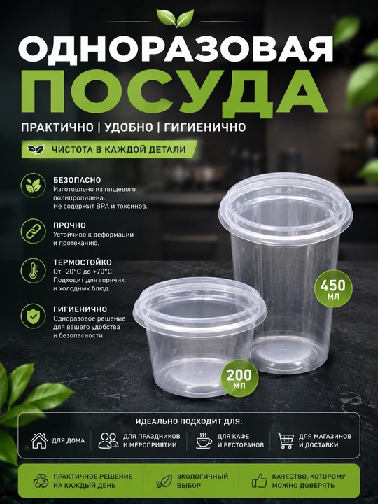 Bir martalik plastik posuda 200 ml va 450 ml qopqoqli oziq-ovqat uchun