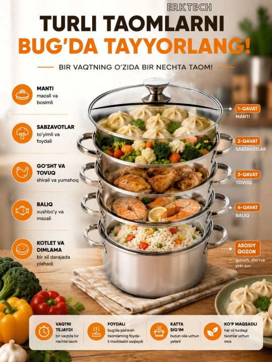 Katta mantovarka, mantiqazon 15 l, 4 qavat — manti, chuchvara va bug‘da pishirgich uchun