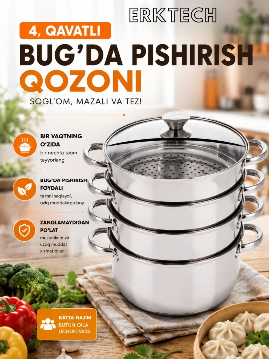 Katta mantovarka, mantiqazon 15 l, 4 qavat — manti, chuchvara va bug‘da pishirgich uchun