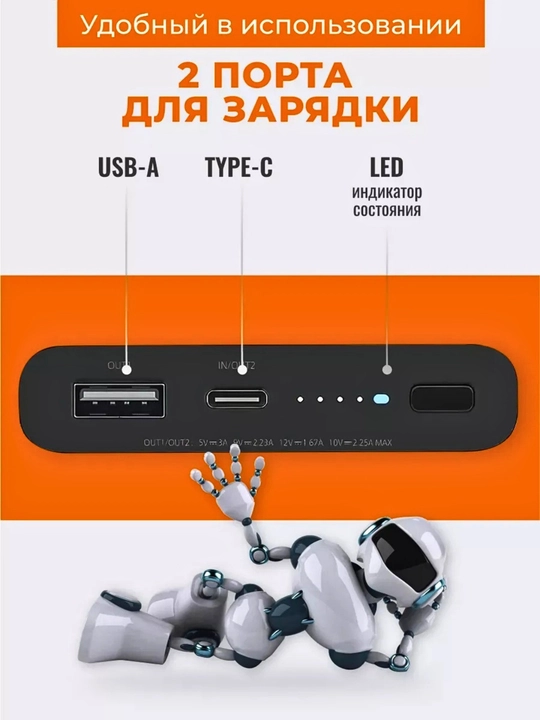 Power Bank 10000 mAh simsiz zaryadlash, tez zaryadlash 22.5W, 2 portli tashqi akkumulyator