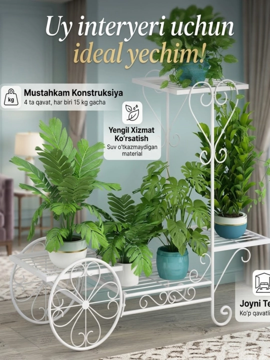 Gullar uchun ko'p qatlamli polka, gullar o'simliklari uchun, xona gullari uchun stellaj