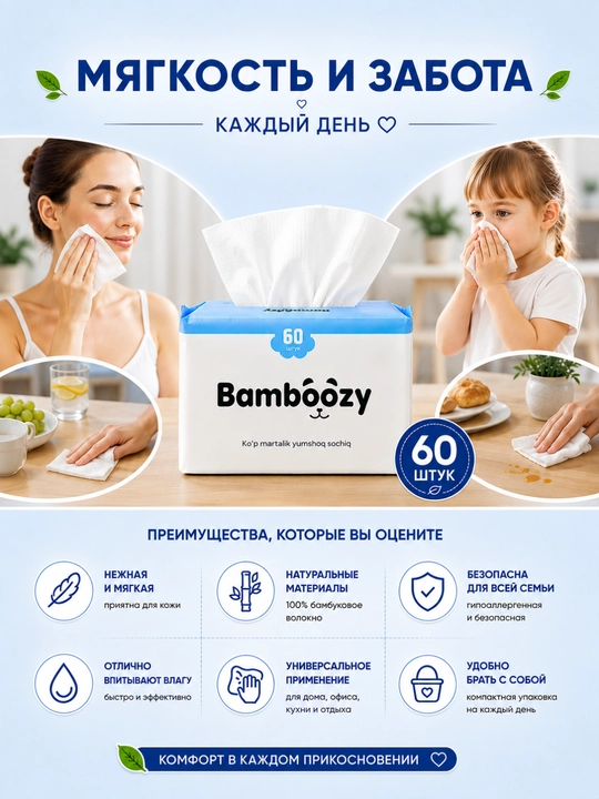 Bambóozy ko‘p martalik salfetkasi 60dona,yumshoq,tozalash va parvarishlash uchun universal