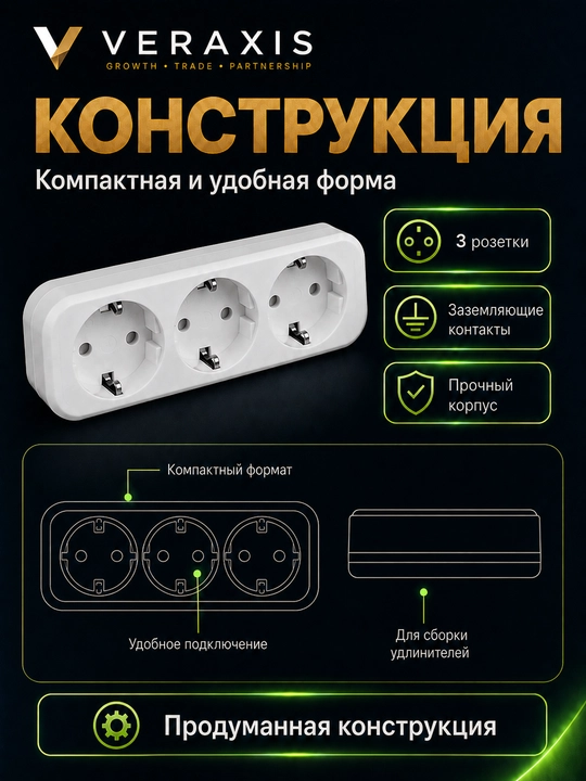 Колодка на 3 розетки с заземлением, 16А, 250В, IP20, белая