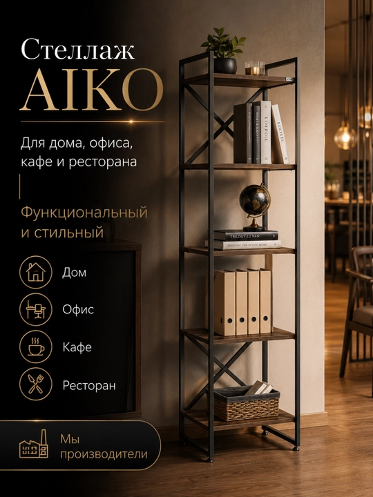 Stellaj AIKO Krosses mk, polka uy va ofis uchun, loft uslubida, 50 x 40 x 180 sm