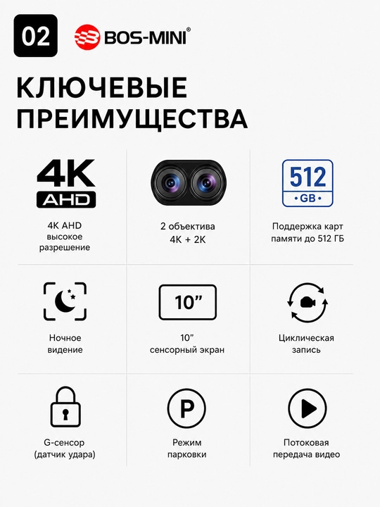 Видеорегистратор BOS-MINI K11L 4K с 2 камерами Wi-Fi и экраном 10"