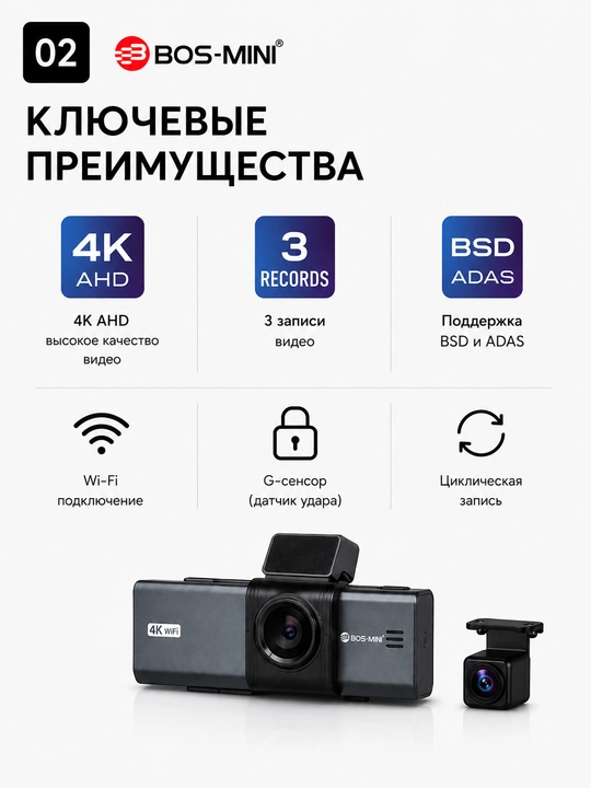 Видеорегистратор BOS-MINI K33L 4K с 3 камерами Wi-Fi ADAS и BSD