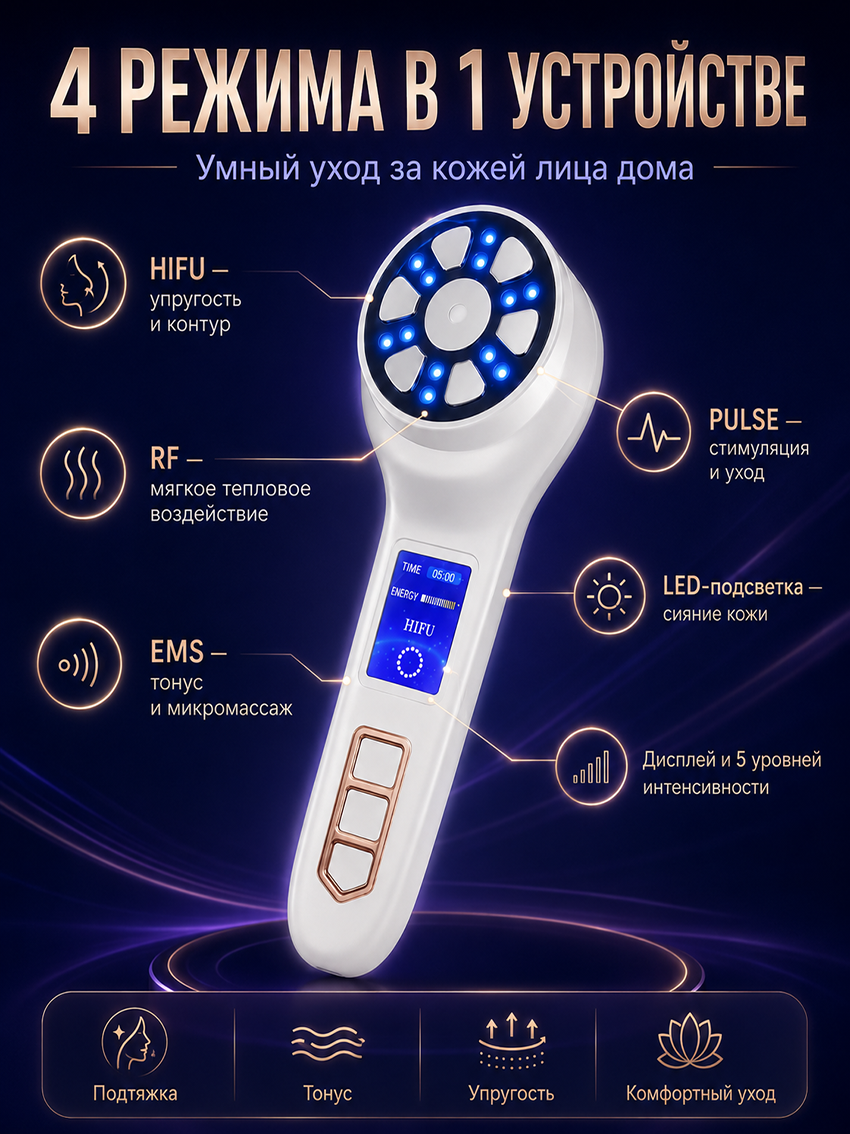 Аппарат для ухода за кожей лица 4 в 1: HIFU, RF, EMS и PULSE
