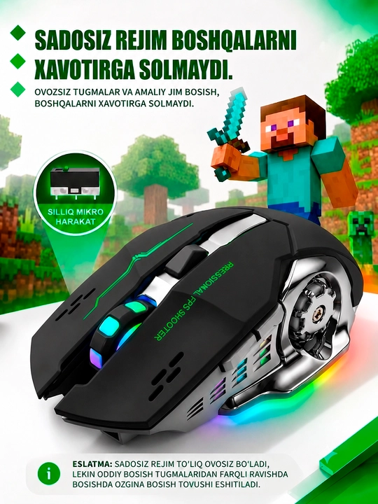 Kompyuter va noutbuklar uchun simsiz sichqoncha, Bluetooth 5.1, 2.4G, RGB yoritish, Type-C quvvatlash, 3200 DPI, akkumulyatorli.