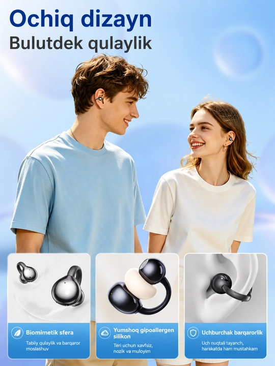Simsiz quloqchinlar, Bluetooth, IPX5 namlikdan himoyalangan, 30 soat ishlaydi