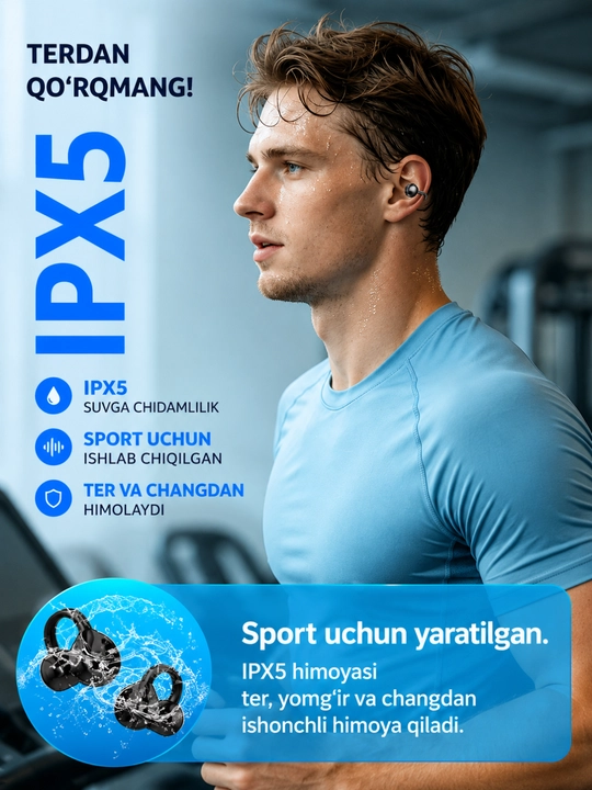 Simsiz quloqchinlar, Bluetooth, IPX5 namlikdan himoyalangan, 30 soat ishlaydi