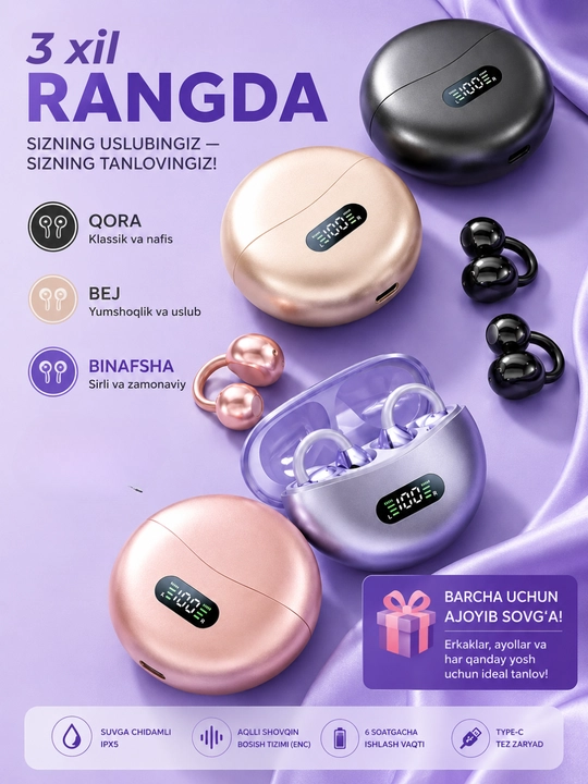 Simsiz quloqchinlar, Bluetooth, IPX5 namlikdan himoyalangan, 30 soat ishlaydi