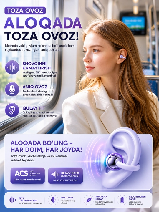 Simsiz quloqchinlar, Bluetooth, IPX5 namlikdan himoyalangan, 30 soat ishlaydi