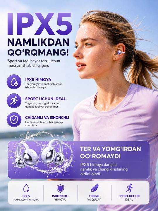 Simsiz quloqchinlar, Bluetooth, IPX5 namlikdan himoyalangan, 30 soat ishlaydi